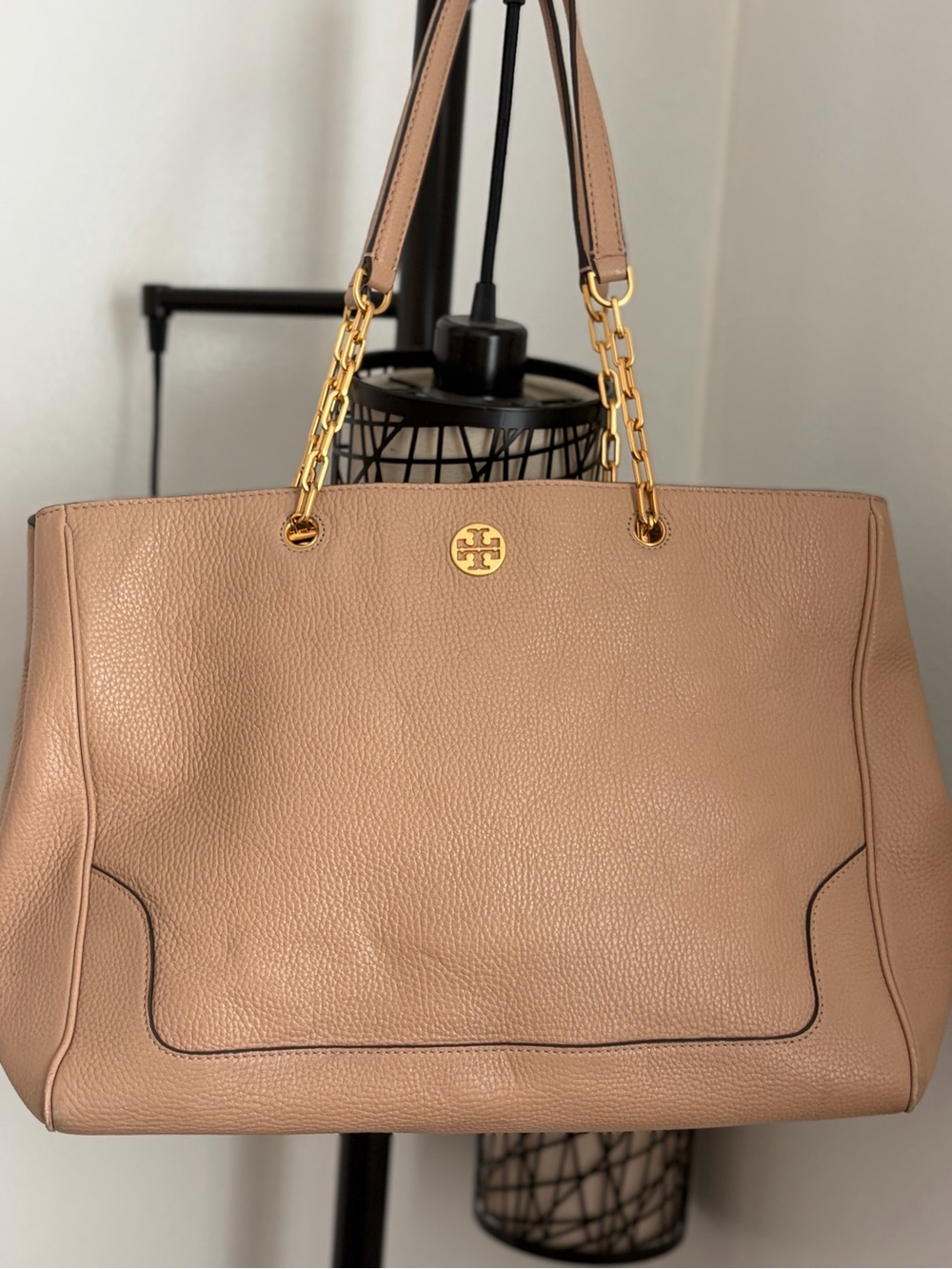 Tory Burch Taupe Pebble Leather Tote with Gold Hardware